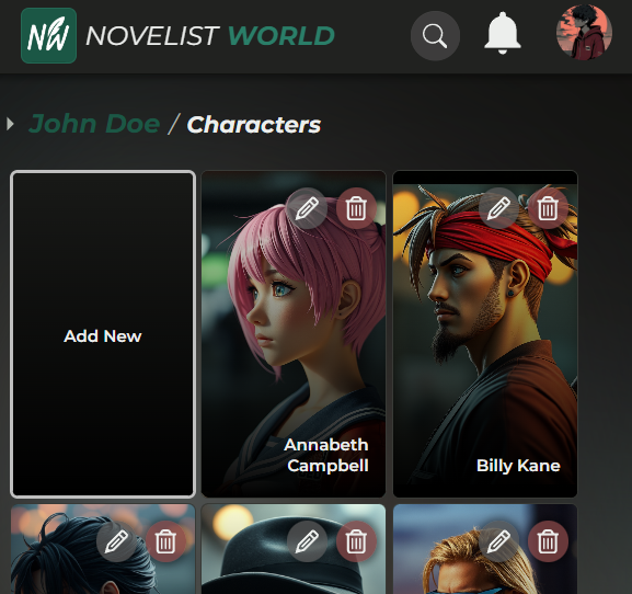 Character selection screen with list of characters and add new character card